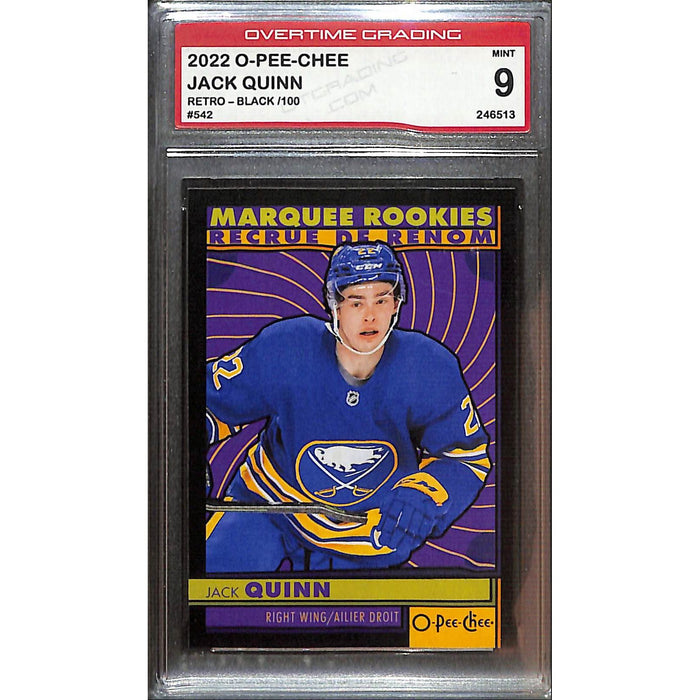 2022-23 O-Pee-Chee Retro Marquee Rookies Black #542 Jack Quinn /100 Overtime Grading 9 Mint