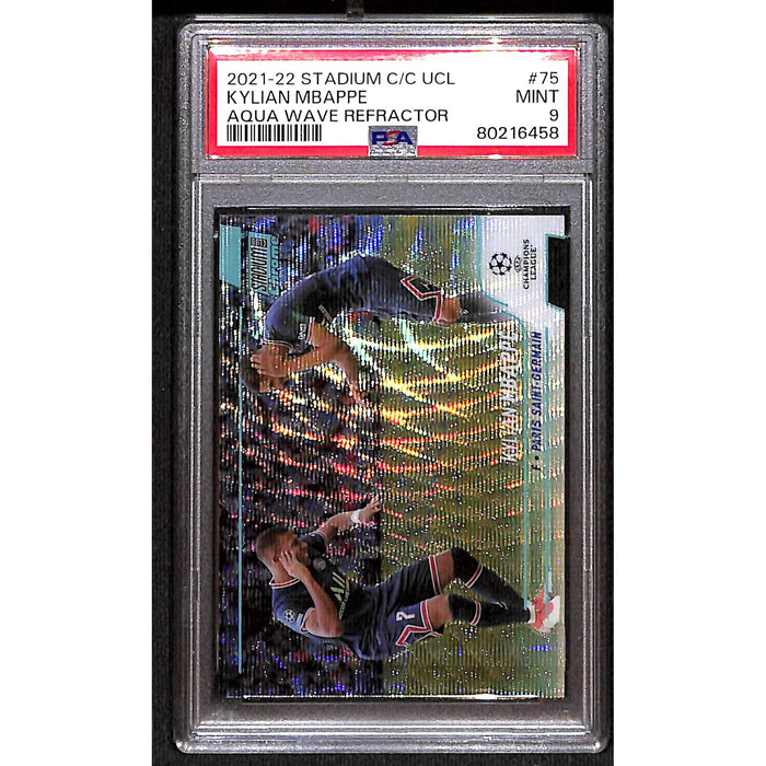 2021-22 Stadium Club Chrome UCL Aqua Wave Refractor #75 Kylian Mbappe PSA 9 MINT