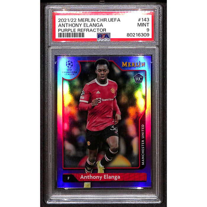 2021-22 Topps Merlin UEFA Purple Refractor Rookie #143 Anthony Elanga /15 PSA 9