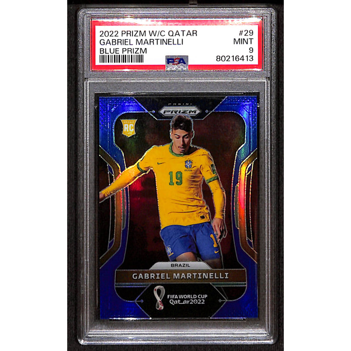 2022 Panini Prizm World Cup Qatar Blue Prizm Rookie #29 Gabriel Martinelli /299 PSA 9