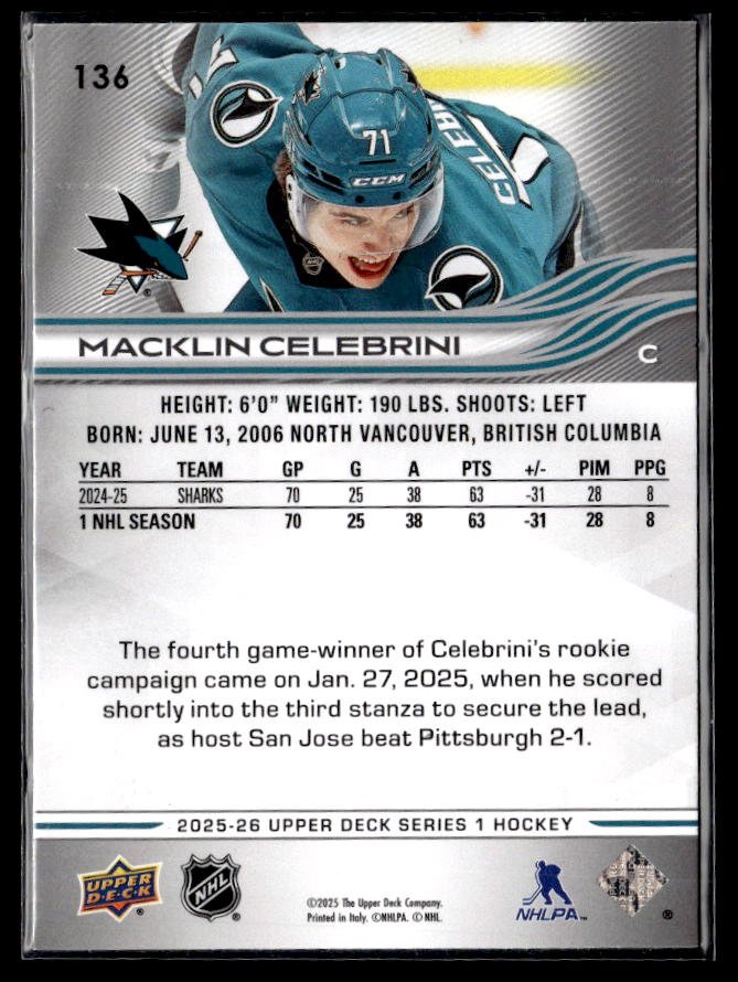 2025-26 Upper Deck Series 1 Hockey #136 Macklin Celebrini (2)