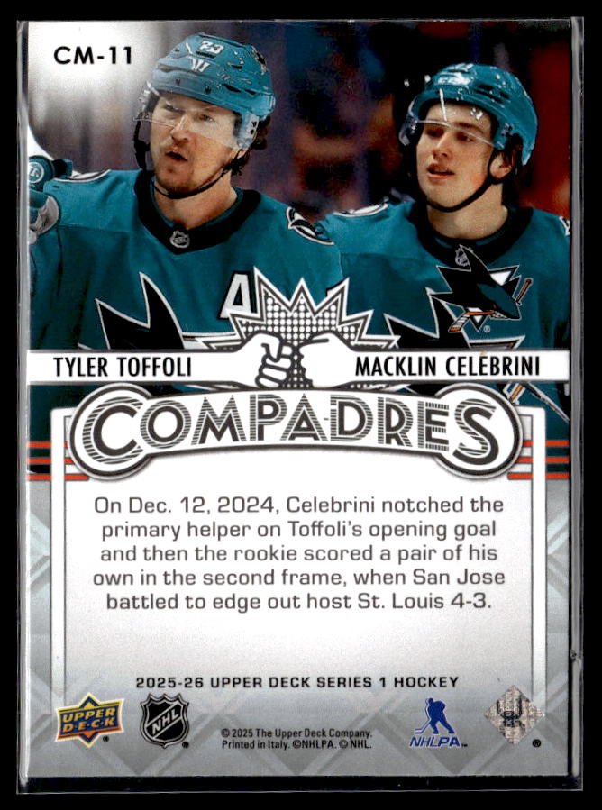 2025-26 Upper Deck Series 1 Compadres #CM-11 Tyler Toffoli / Macklin Celebrini (2)