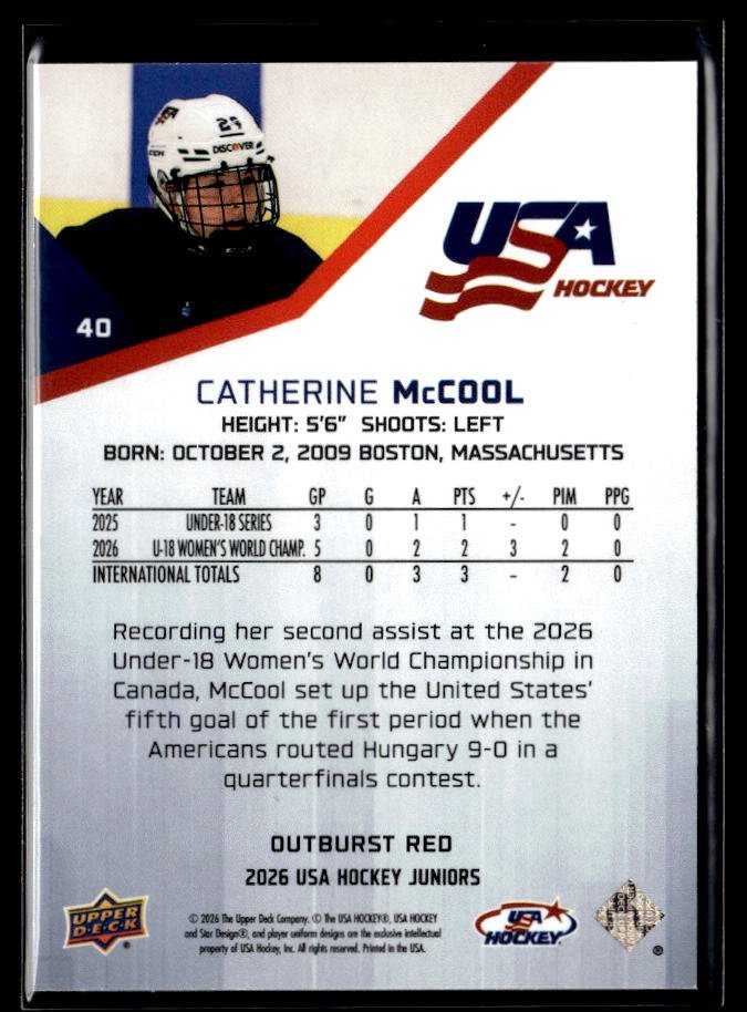 2026 Upper Deck USA Hockey Juniors Hockey Outburst Red Catherine McCool /25 (2)