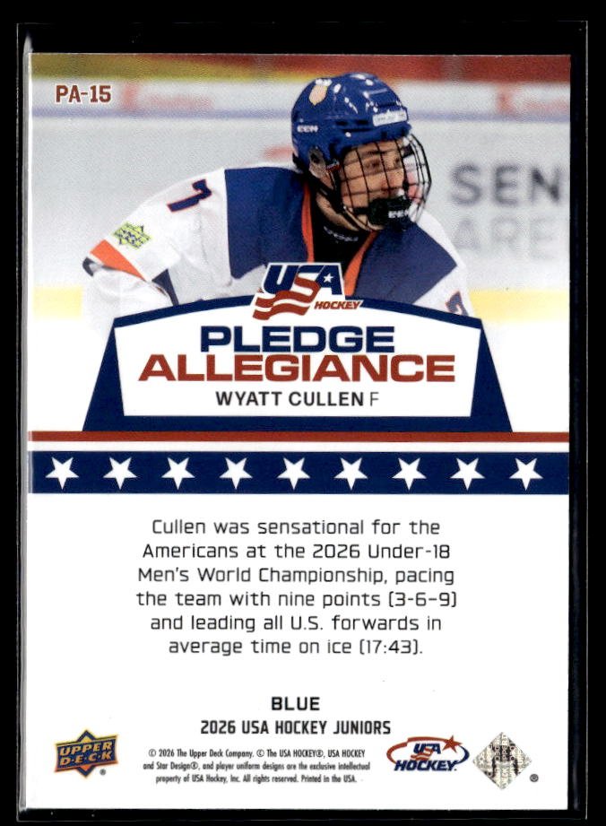 2024 Upper Deck USA Hockey Pledge Allegiance Blue #PA-15 Wyatt Cullen /499 (2)