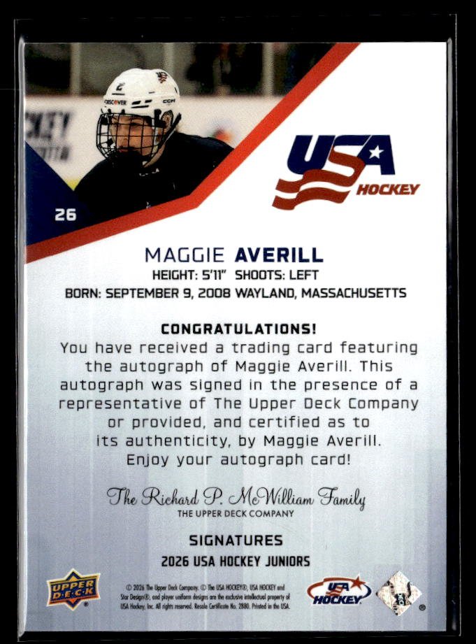 2026 Upper Deck USA Hockey Juniors Hockey Signatures #26 Maggie Averill Auto (2)