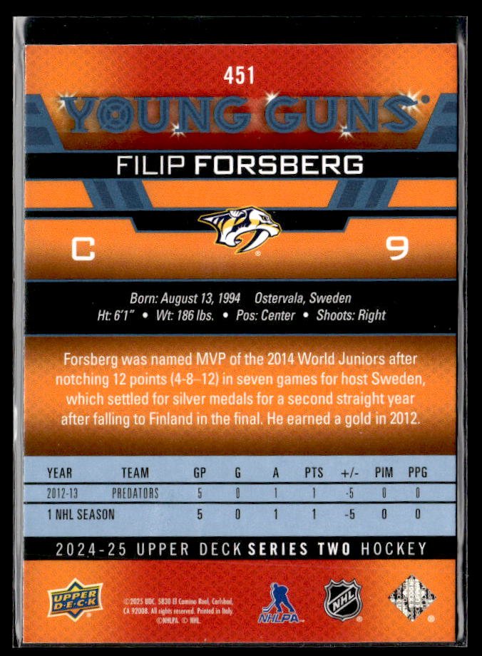 2024-25 Upper Deck Series Two Hockey Young Guns Renewed #451 Filip Forsberg (2)