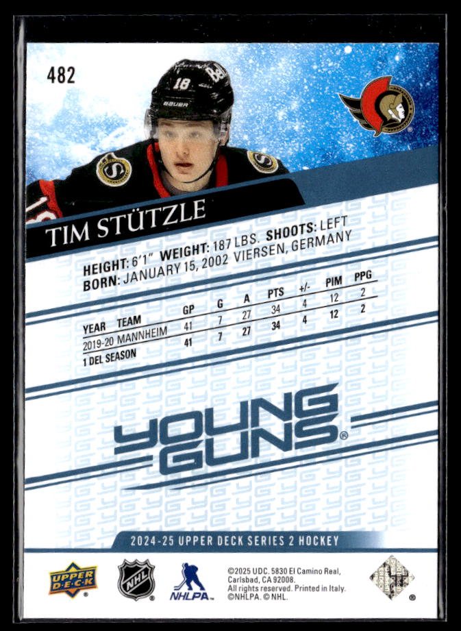 2024-25 Upper Deck Series 2 Hockey Young Guns Renewed #482 Tim Stützle (2)