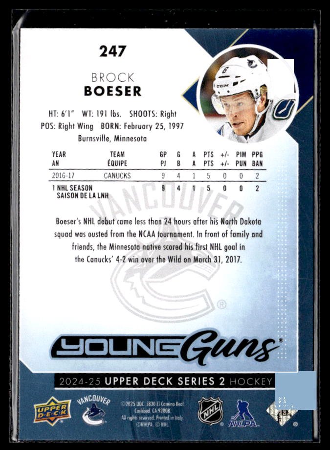 2024-25 Upper Deck Series 2 Hockey Young Guns Renewed #247 Brock Boeser (2)