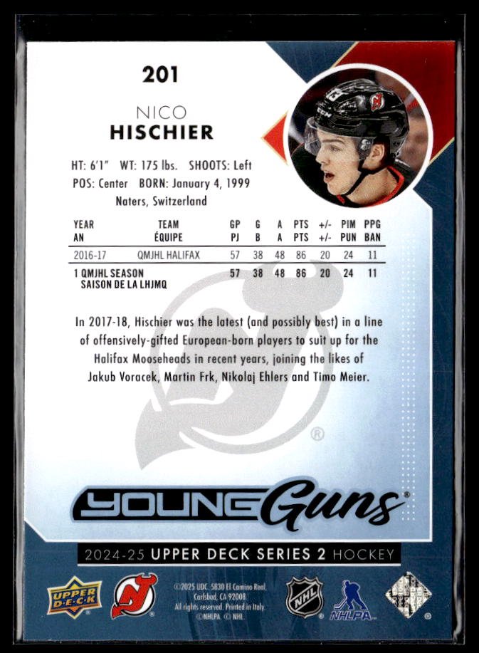 2024-25 Upper Deck Series 2 Hockey Young Guns Renewed #201 Nico Hischier (2)