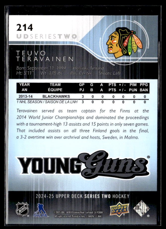 2024-25 Upper Deck Series Two Hockey Young Guns Renewed #214 Teuvo Teravainen (2)