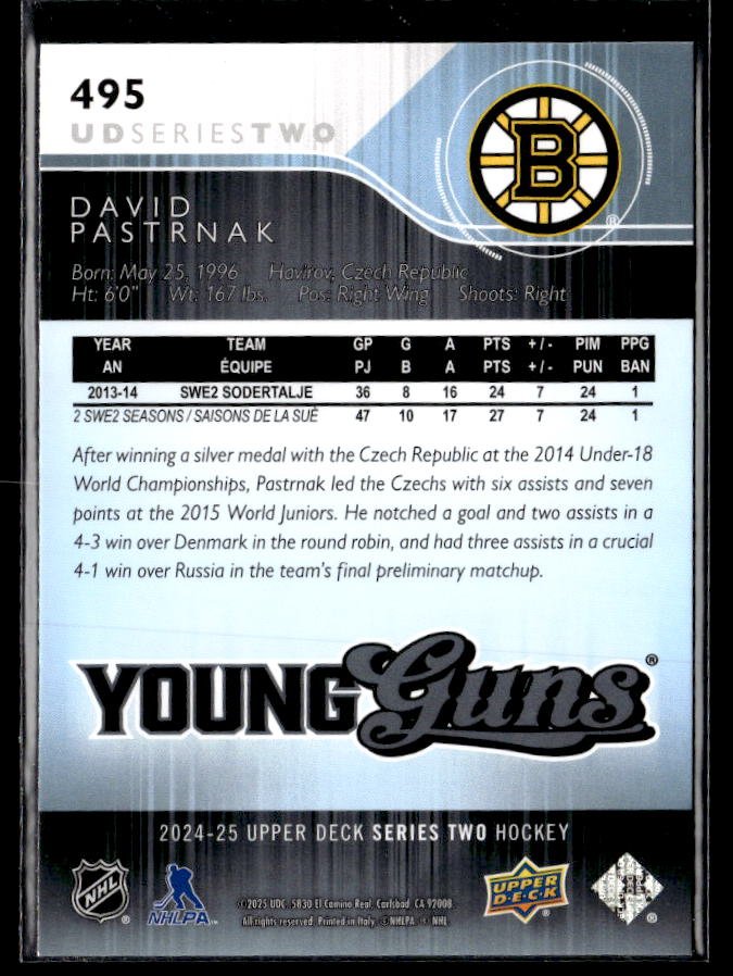 2024-25 Upper Deck Series Two Hockey Young Guns Renewed #495 David Pastrnak (2)