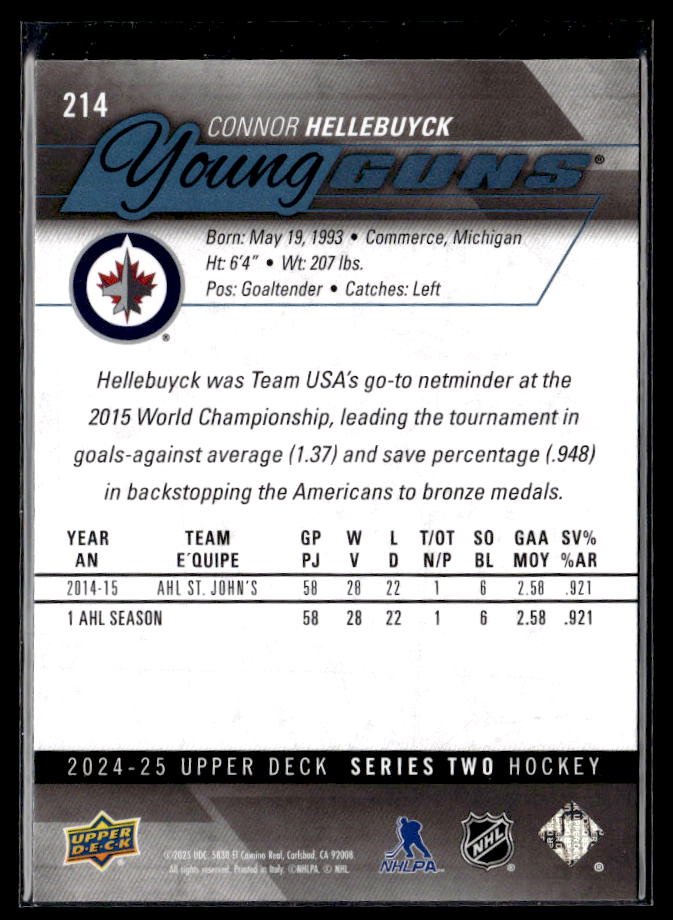 2024-25 Upper Deck Series Two Hockey Young Guns Renewed #214 Connor Hellebuyck (2)
