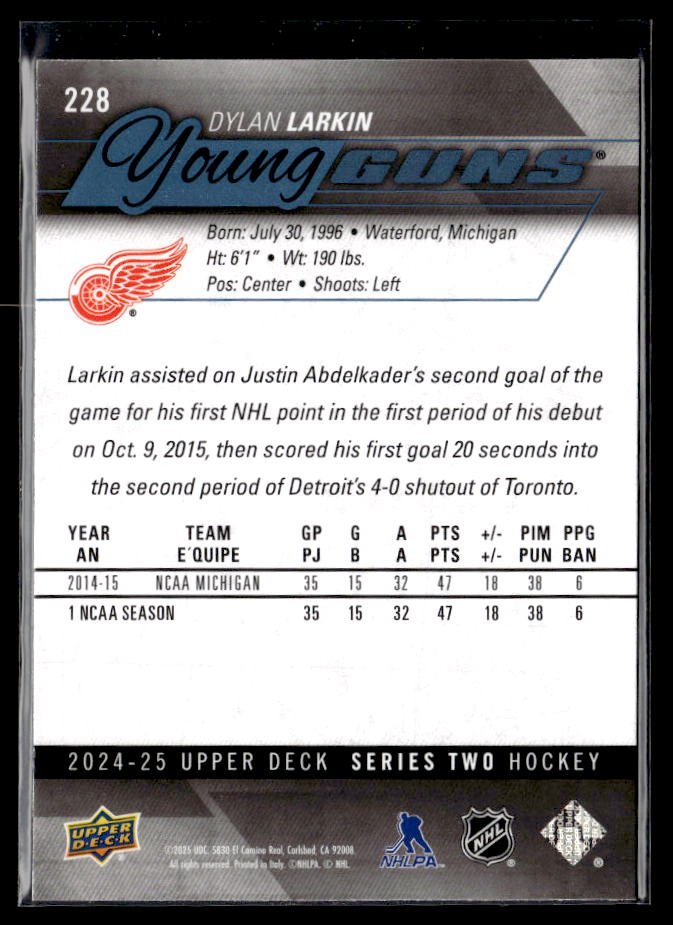 2024-25 Upper Deck Series Two Hockey Young Guns Renewed #228 Dylan Larkin (2)