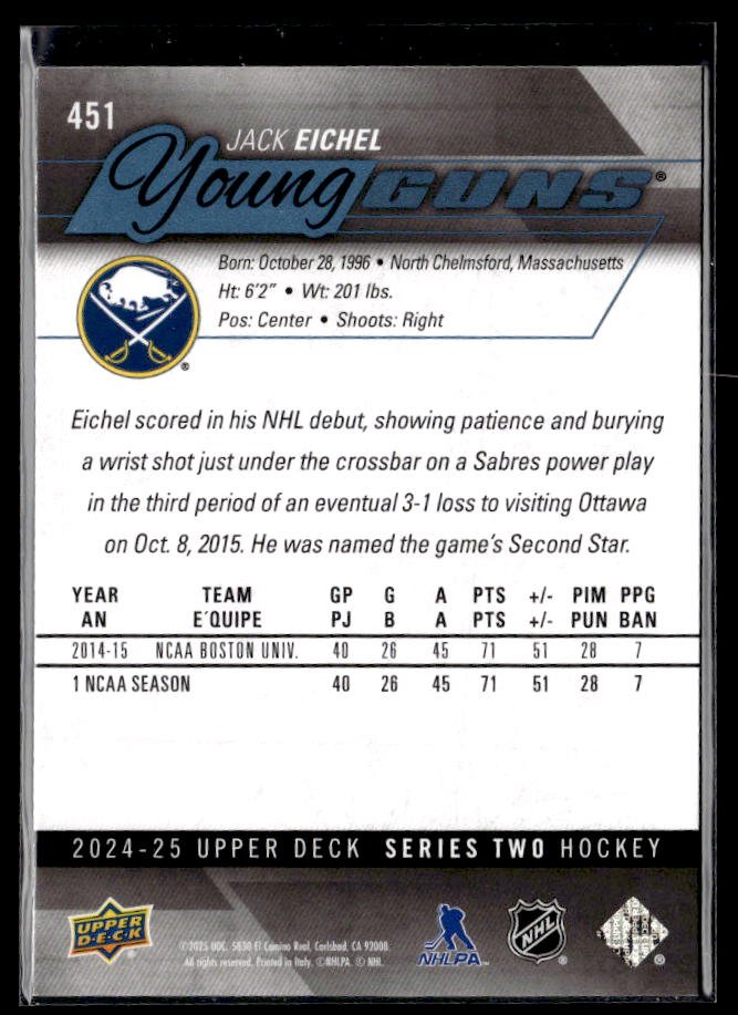 2024-25 Upper Deck Series Two Hockey Young Guns Renewed #451 Jack Eichel (2)