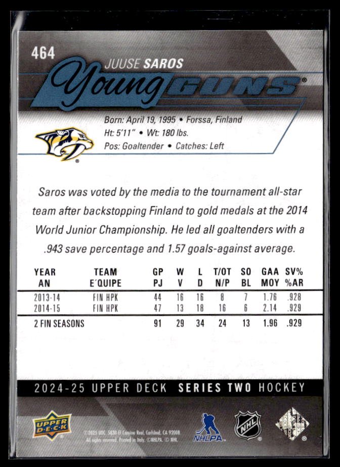 2024-25 Upper Deck Series Two Hockey Young Guns Renewed #464 Juuse Saros (2)