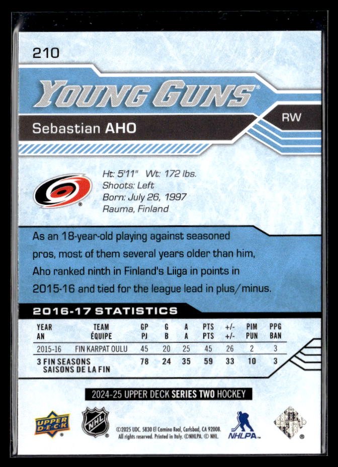 2024-25 Upper Deck Series Two Hockey Young Guns Renewed #210 Sebastian Aho (2)