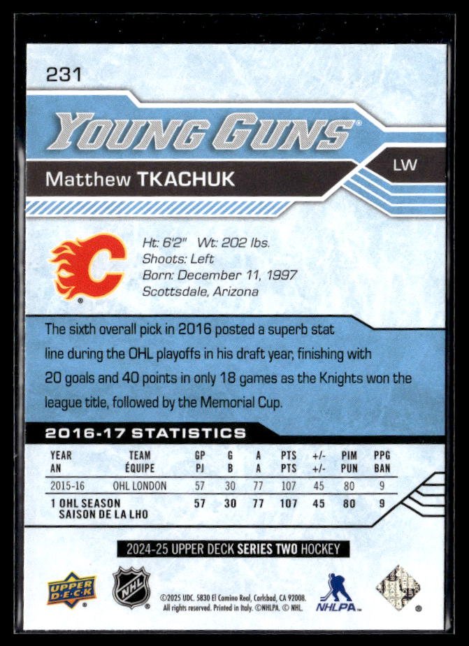 2024-25 Upper Deck Series Two Hockey Young Guns Renewed #231 Matthew Tkachuk (2)