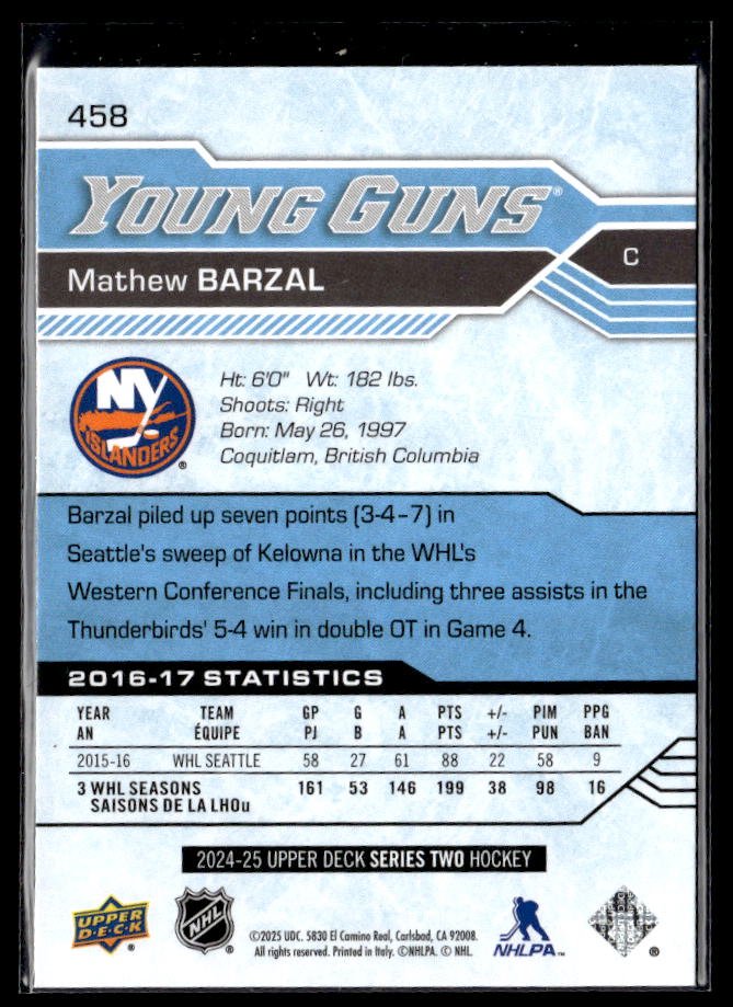 2024-25 Upper Deck Series Two Hockey Young Guns Renewed #458 Mathew Barzal (2)