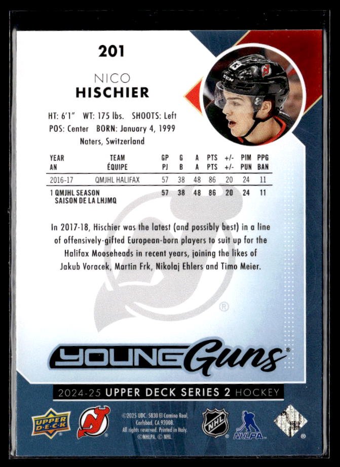 2024-25 Upper Deck Series 2 Hockey Young Guns Renewed #201 Nico Hischier (2)