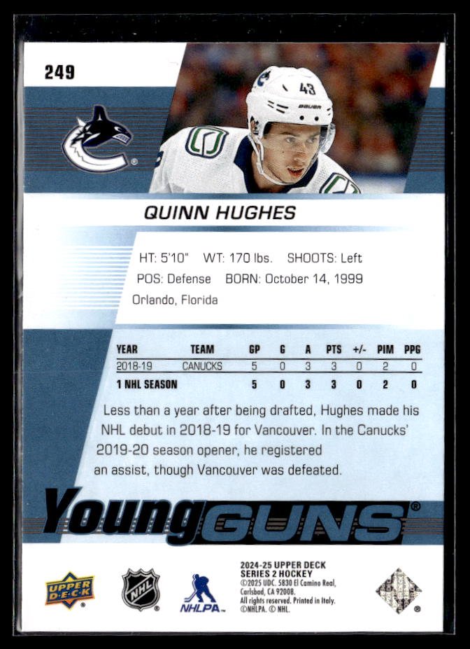 2024-25 Upper Deck Series 2 Hockey Young Guns Renewed #249 Quinn Hughes (2)