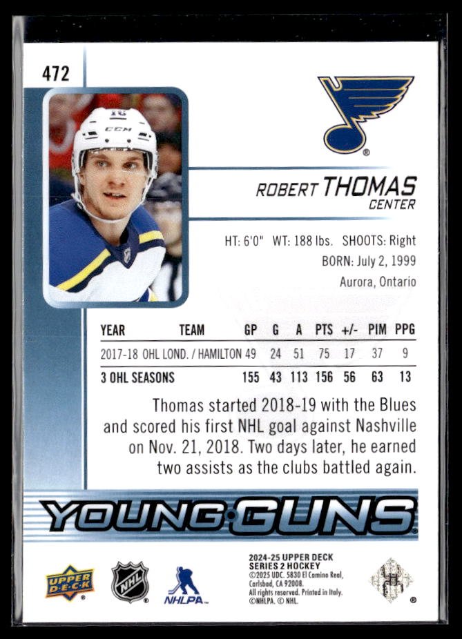 2024-25 Upper Deck Series 2 Hockey Young Guns Renewed #472 Robert Thomas (2)