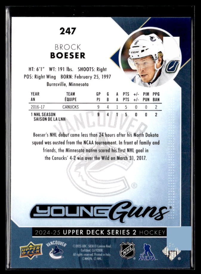 2024-25 Upper Deck Series 2 Hockey Young Guns Renewed #247 Brock Boeser (2)