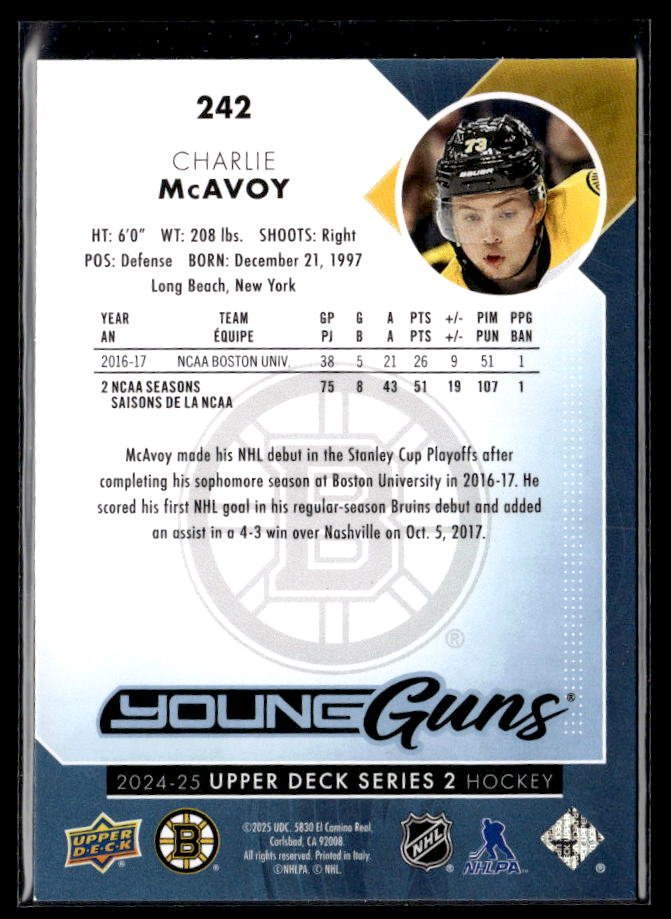 2024-25 Upper Deck Series 2 Hockey Young Guns Renewed #242 Charlie McAvoy (2)