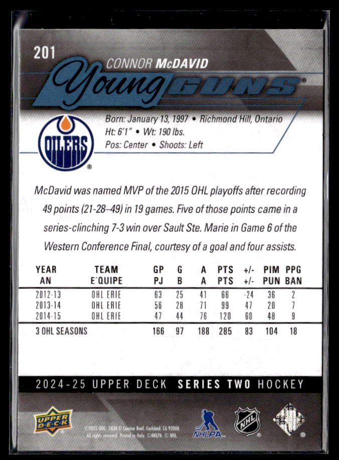 2024-25 Upper Deck Series Two Hockey Young Guns #201 Connor McDavid (2)