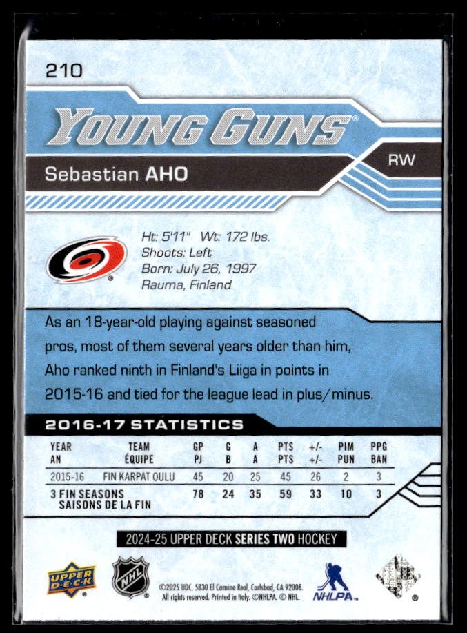 2024-25 Upper Deck Series Two Hockey Young Guns Renewed #210 Sebastian Aho (2)