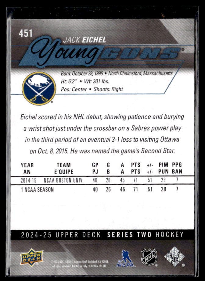 2024-25 Upper Deck Series Two Hockey Young Guns Renewed #451 Jack Eichel (2)