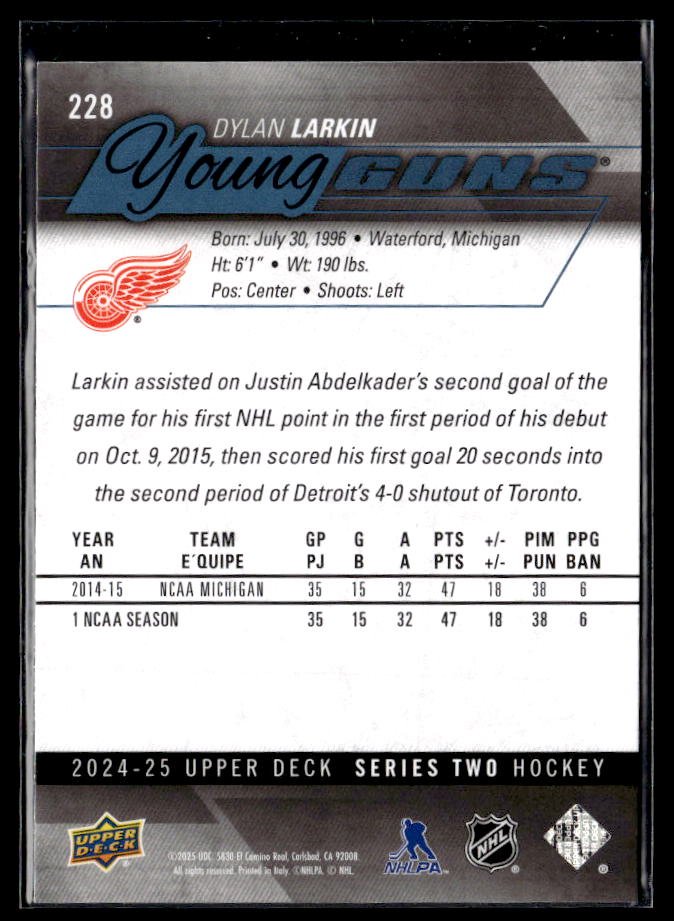 2024-25 Upper Deck Series Two Hockey Young Guns #228 Dylan Larkin (2)