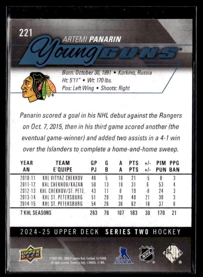 2024-25 Upper Deck Series Two Hockey Young Guns #221 Artemi Panarin (2)