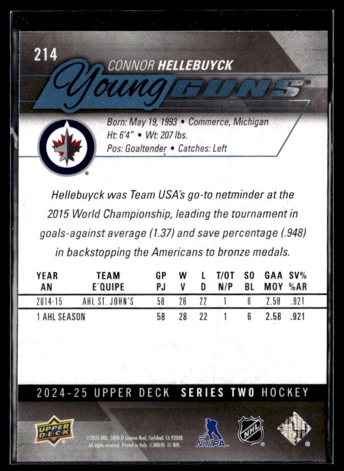 2024-25 Upper Deck Series Two Hockey Young Guns Renewed #214 Connor Hellebuyck (2)