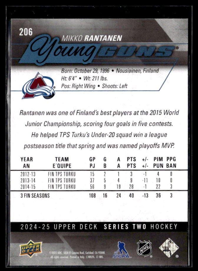 2024-25 Upper Deck Series Two Hockey Young Guns #206 Mikko Rantanen (2)