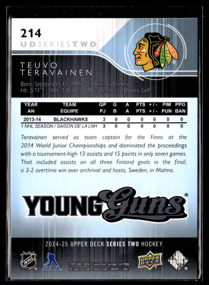 2024-25 Upper Deck Series Two Hockey Young Guns Renewed #214 Teuvo Teravainen (2)