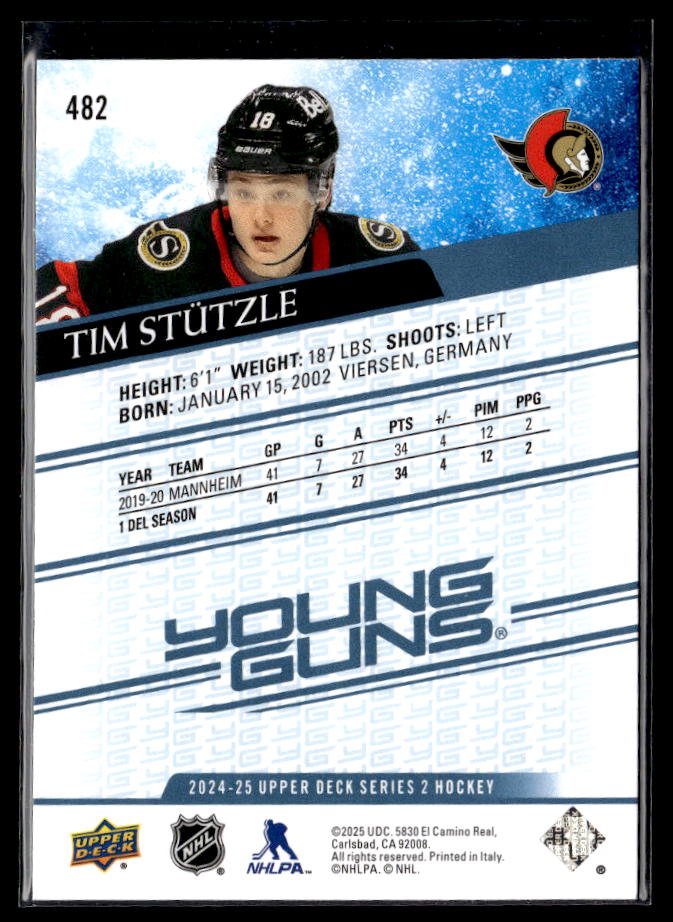 2024-25 Upper Deck Series 2 Hockey Young Guns Renewed #482 Tim Stützle (2)
