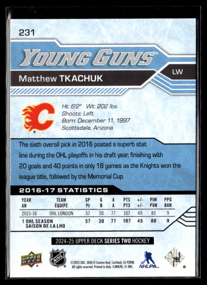2024-25 Upper Deck Series Two Hockey Young Guns #231 Matthew Tkachuk (2)