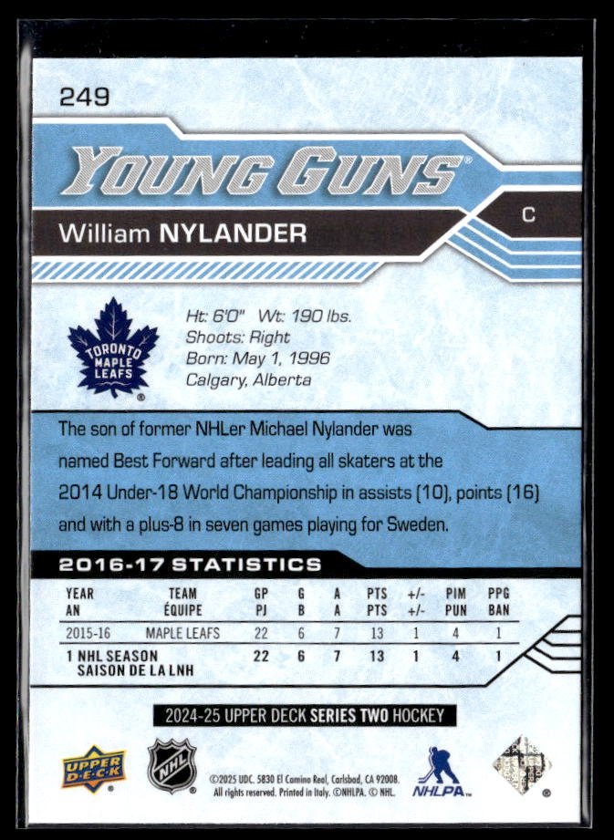 2024-25 Upper Deck Series Two Hockey Young Guns Renewed #249 William Nylander (2)