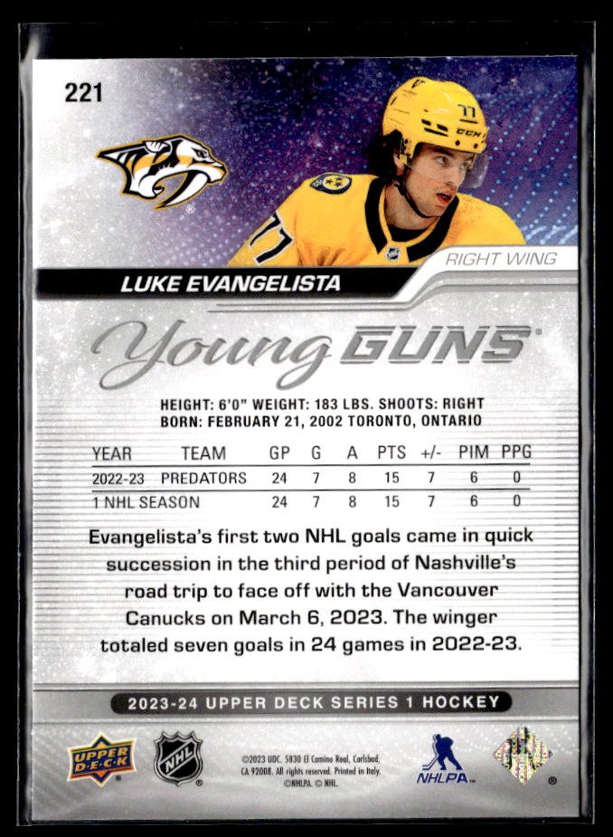 2023-24 Upper Deck Series 1 Hockey Young Guns #221 Luke Evangelista (2)