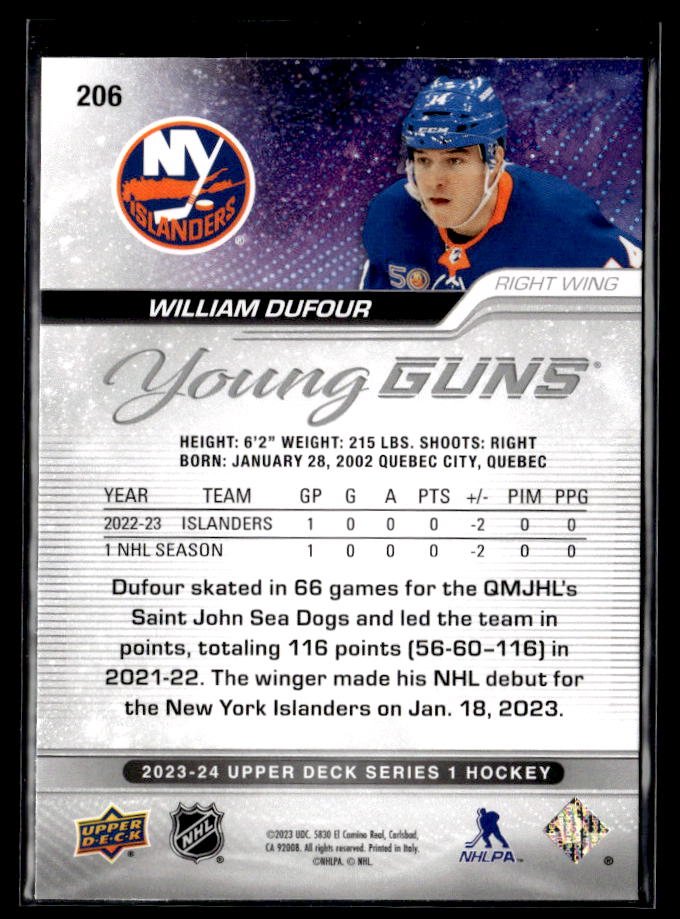 2023-24 Upper Deck Series 1 Hockey Young Guns #206 William Dufour (2)
