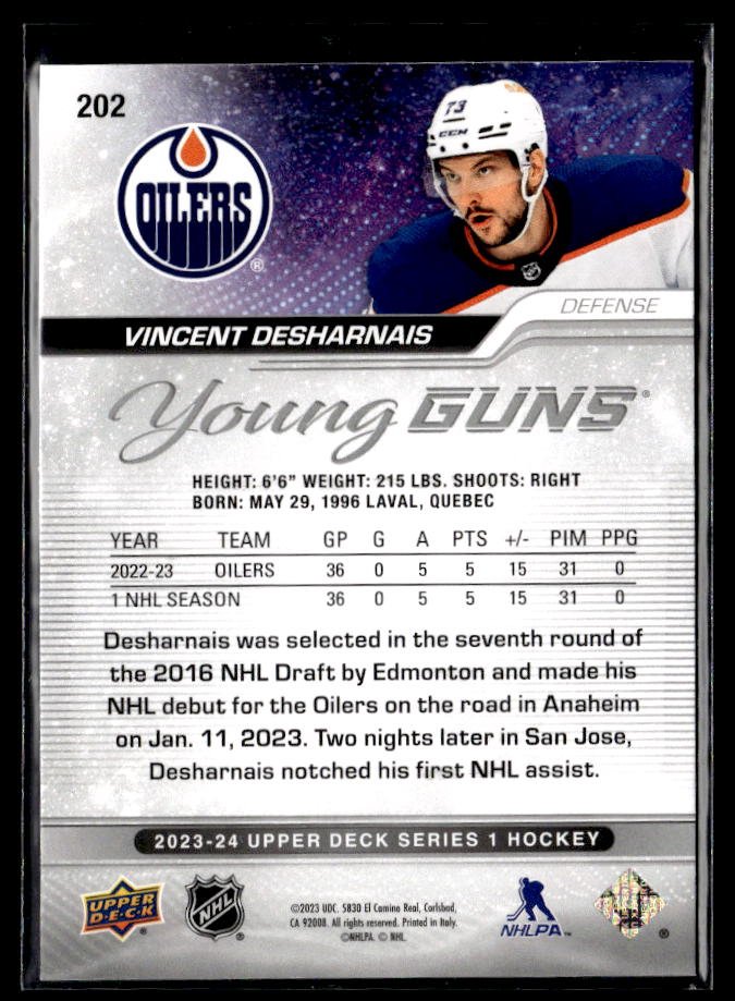 2023-24 Upper Deck Series 1 Hockey Young Guns #202 Vincent Desharnais (2)
