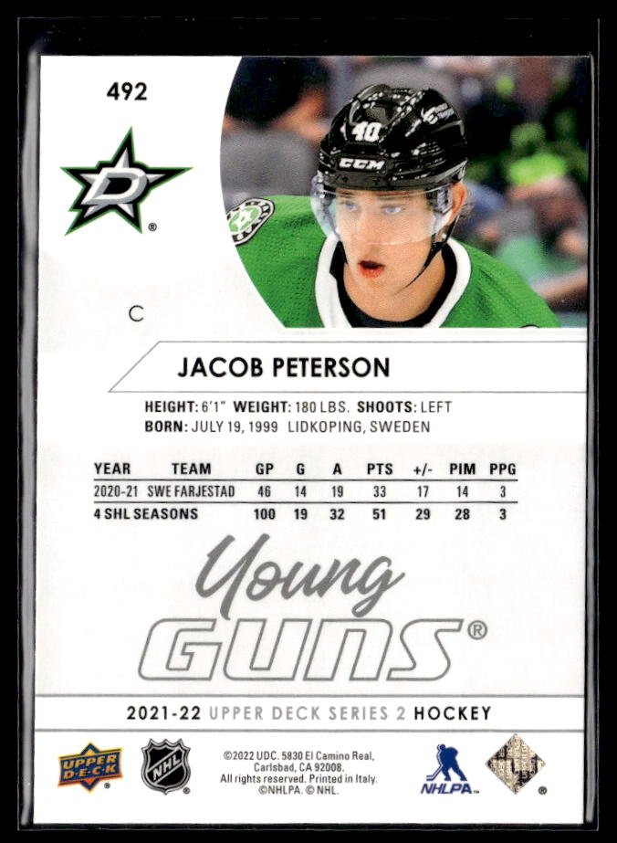 2021-22 Upper Deck Series 2 Hockey Young Guns #492 Jacob Peterson (2)