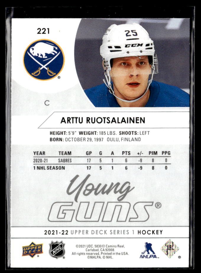 2021-22 Upper Deck Series 1 Hockey Young Guns #221 Arttu Ruotsalainen (2)