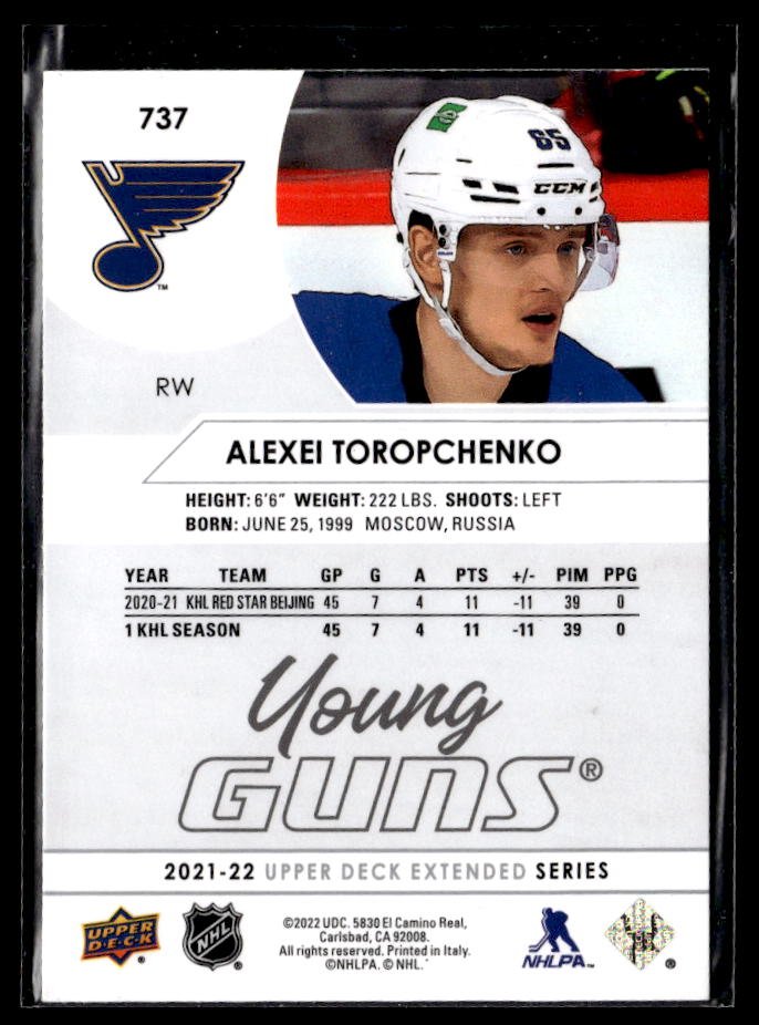 2021-22 Upper Deck Extended Series Hockey Young Guns #737 Alexei Toropchenko (2)
