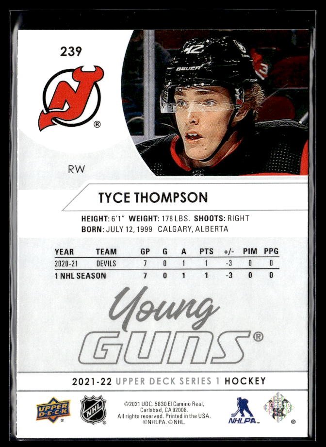 2021-22 Upper Deck Series 1 Hockey Young Guns #239 Tyce Thompson (2)