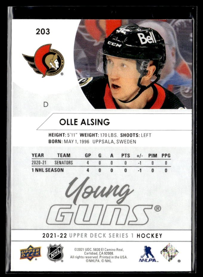 2021-22 Upper Deck Series 1 Hockey Young Guns #203 Olle Alsing (2)
