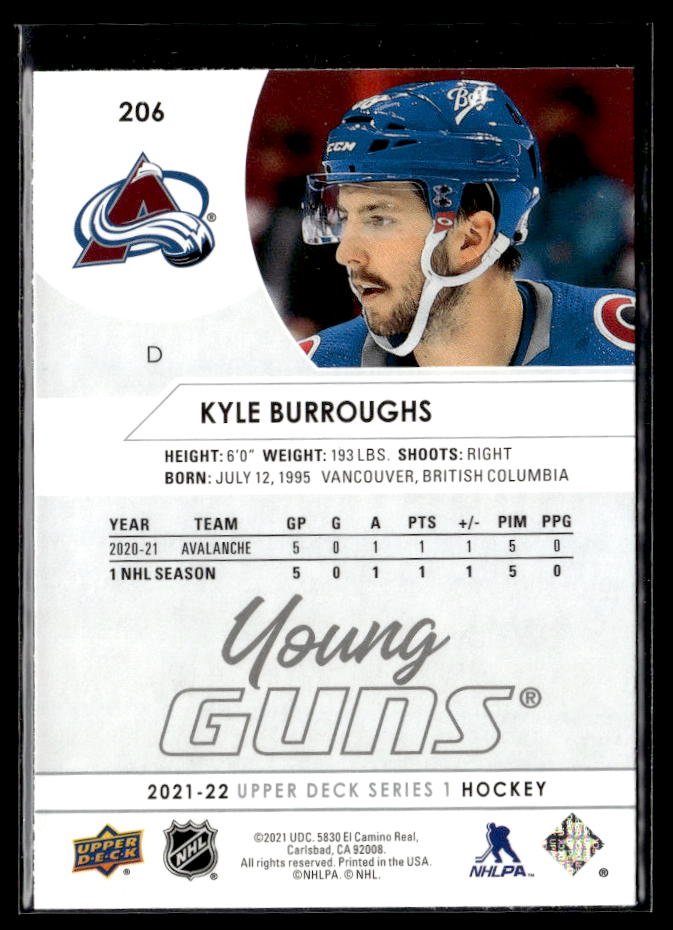 2021-22 Upper Deck Series 1 Hockey Young Guns #206 Kyle Burroughs (2)