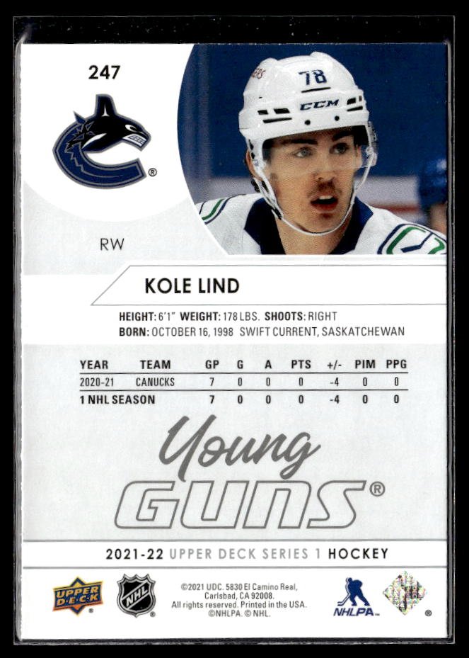 2021-22 Upper Deck Series 1 Hockey Young Guns #247 Kole Lind (2)