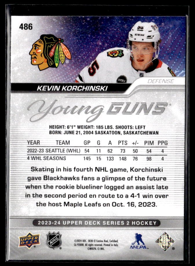 2023-24 Upper Deck Series 2 Hockey Young Guns #486 Kevin Korchinski (2)