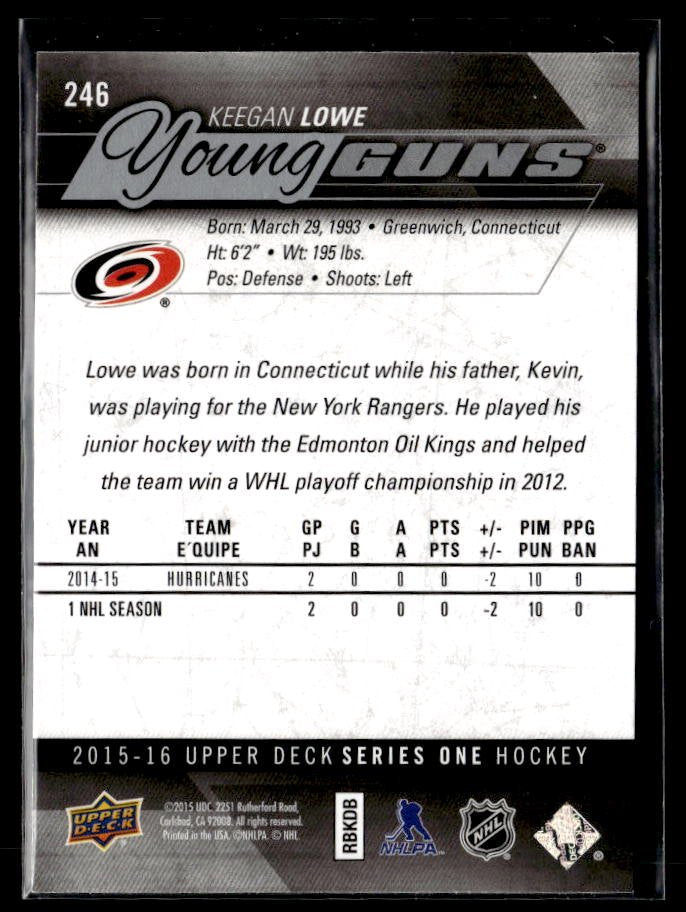 2015-16 Upper Deck Series One Hockey Young Guns #246 Keegan Lowe (2)